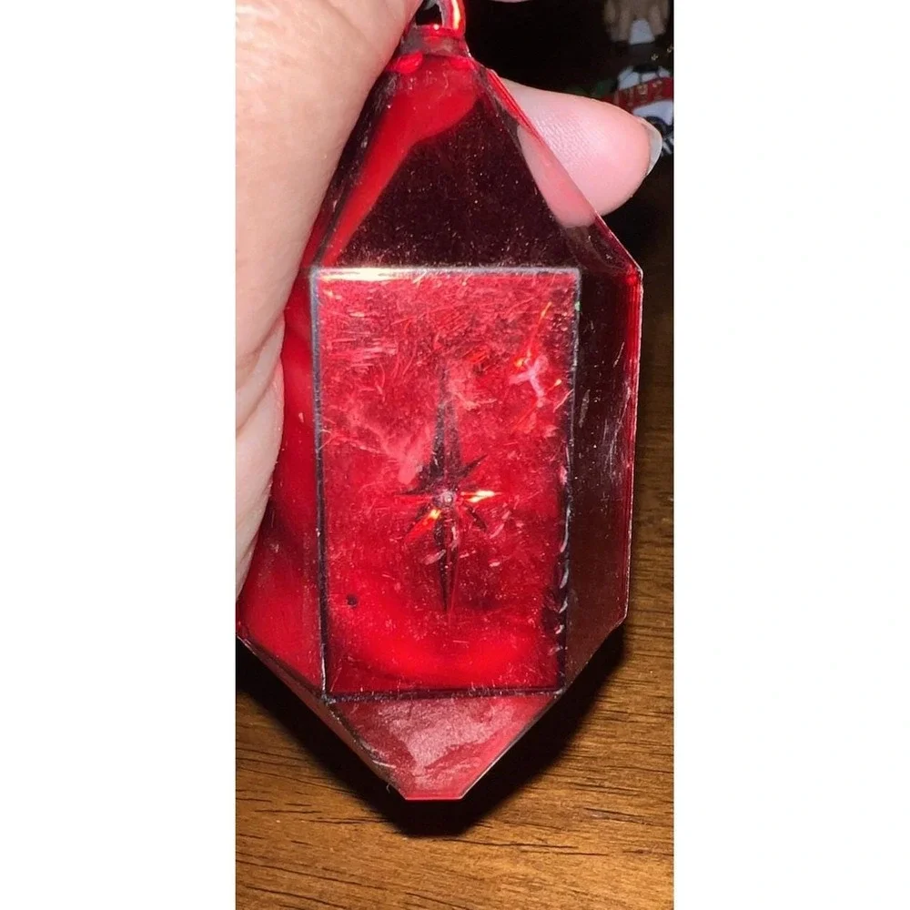 Vtg 1970s Jewel Brite Diorama Christmas Ornament Red Hexagon Lantern Gnome MCM